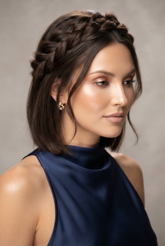 Braided Crown Halo for Short Lobs — short hairstyles for wedding guests style outfit