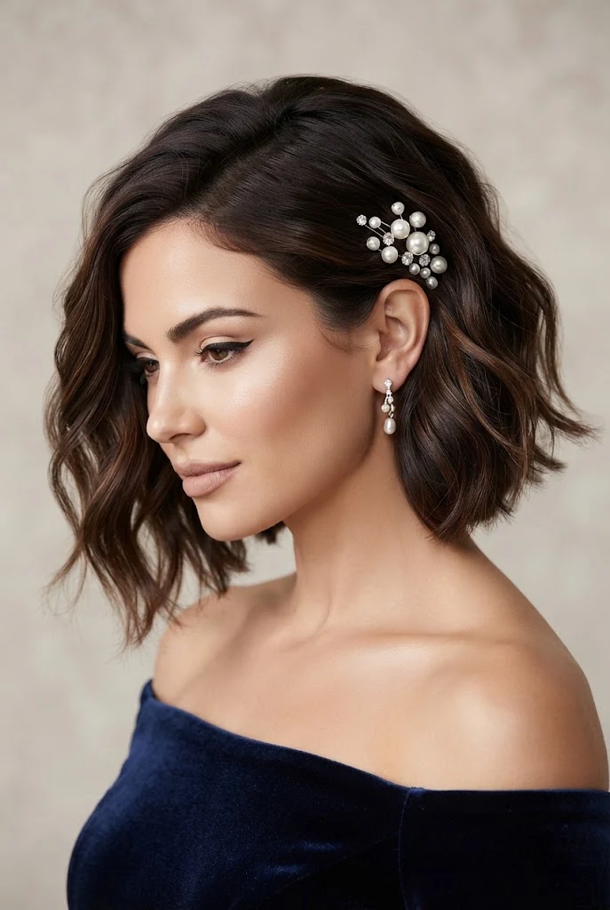 Tousled Asymmetrical Bob with Pearl Pins — short hairstyles for wedding parties style outfit