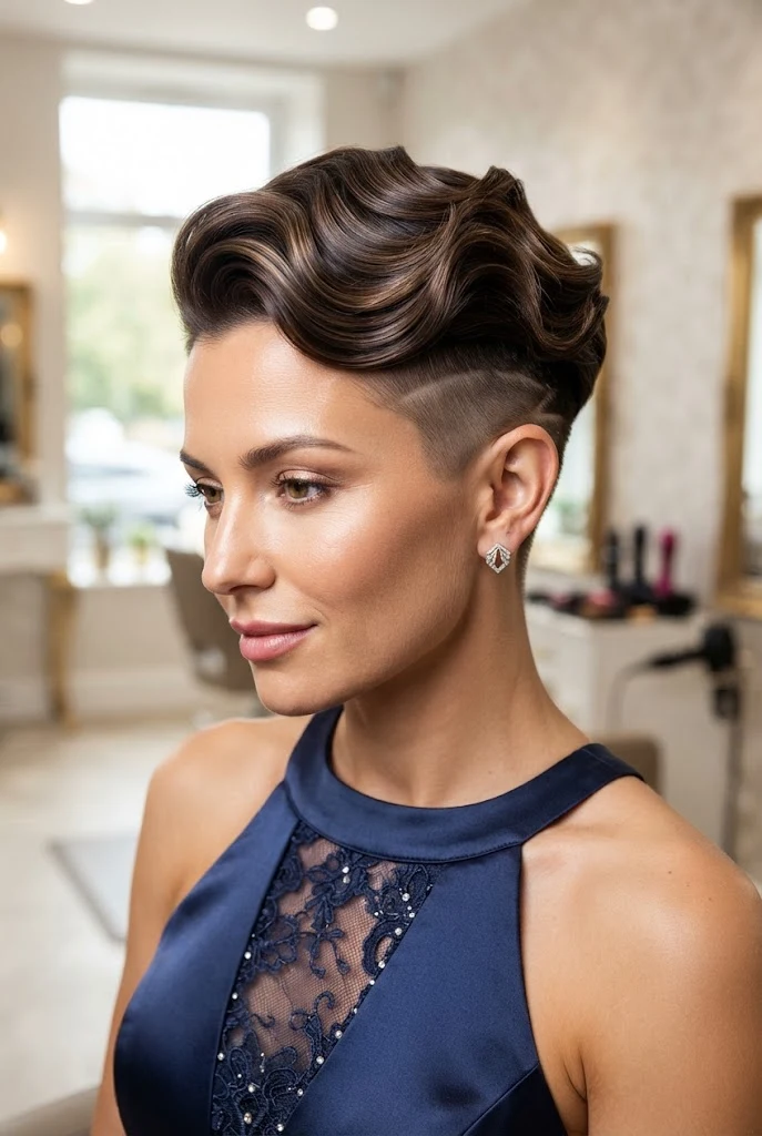 Edgy Undercut with Sculpted Waves — short hairstyles for wedding parties style outfit