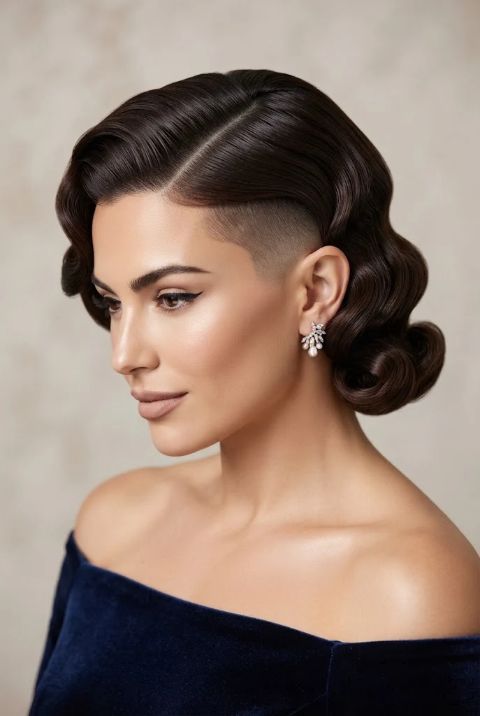 Sleek Undercut with Sculpted Waves — short hairstyles for wedding parties style outfit