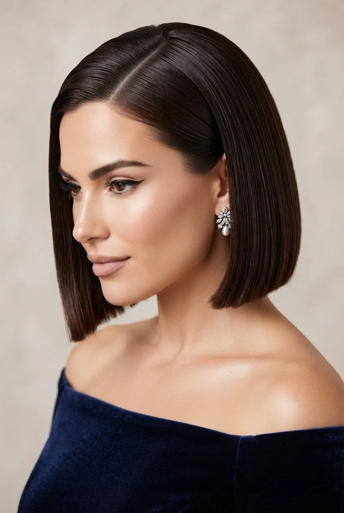Wet-Look Slicked Bob — short hairstyles for wedding parties style outfit