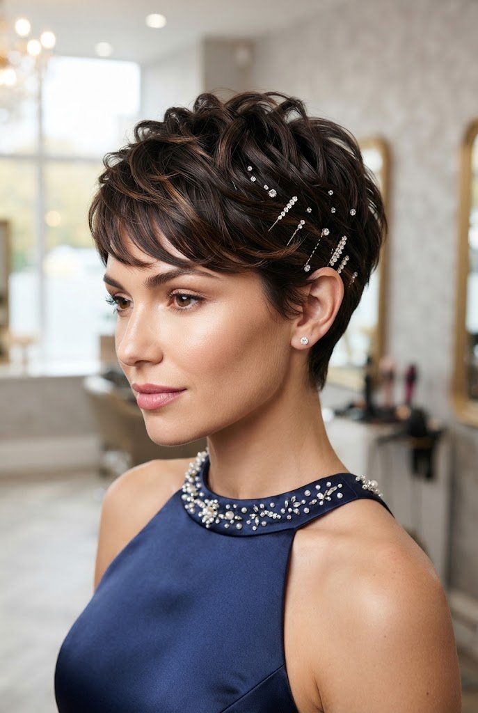 Textured Pixie with Crystal Pins — short hairstyles for wedding parties style outfit