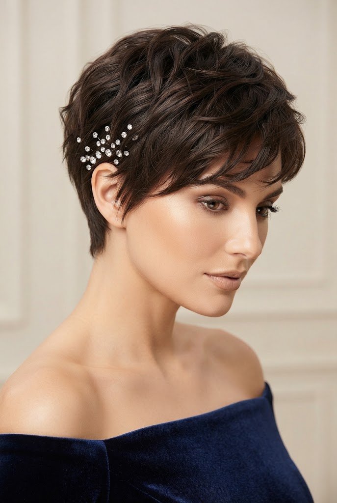 Textured Pixie with Crystal Pin Cluster — short hairstyles for wedding parties style outfit