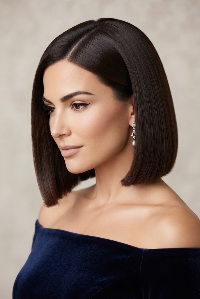Sleek Glass-Finish French Bob — short hairstyles for wedding parties style outfit