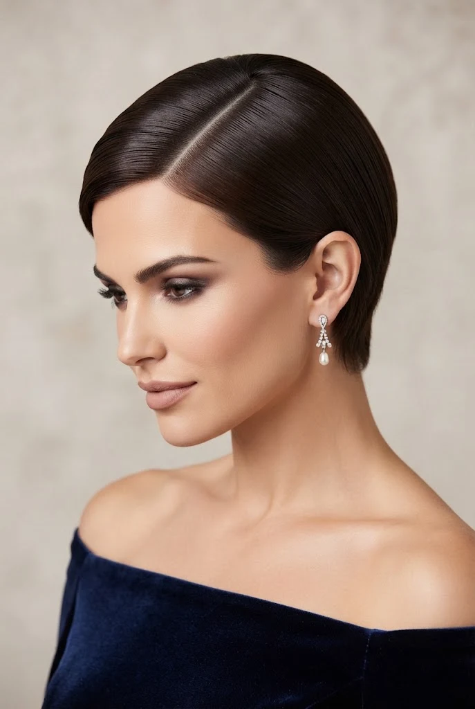 Polished Side-Parted Slick Crop — short hairstyles for wedding parties style outfit