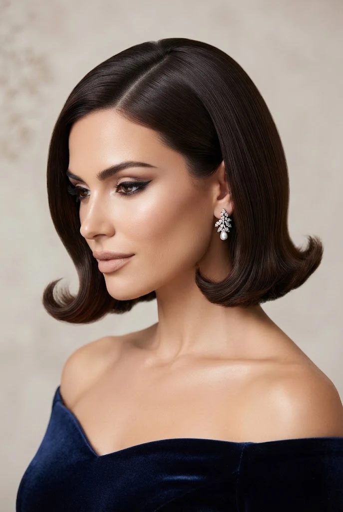 Sleek Retro Flip Bob — short hairstyles for wedding parties style outfit