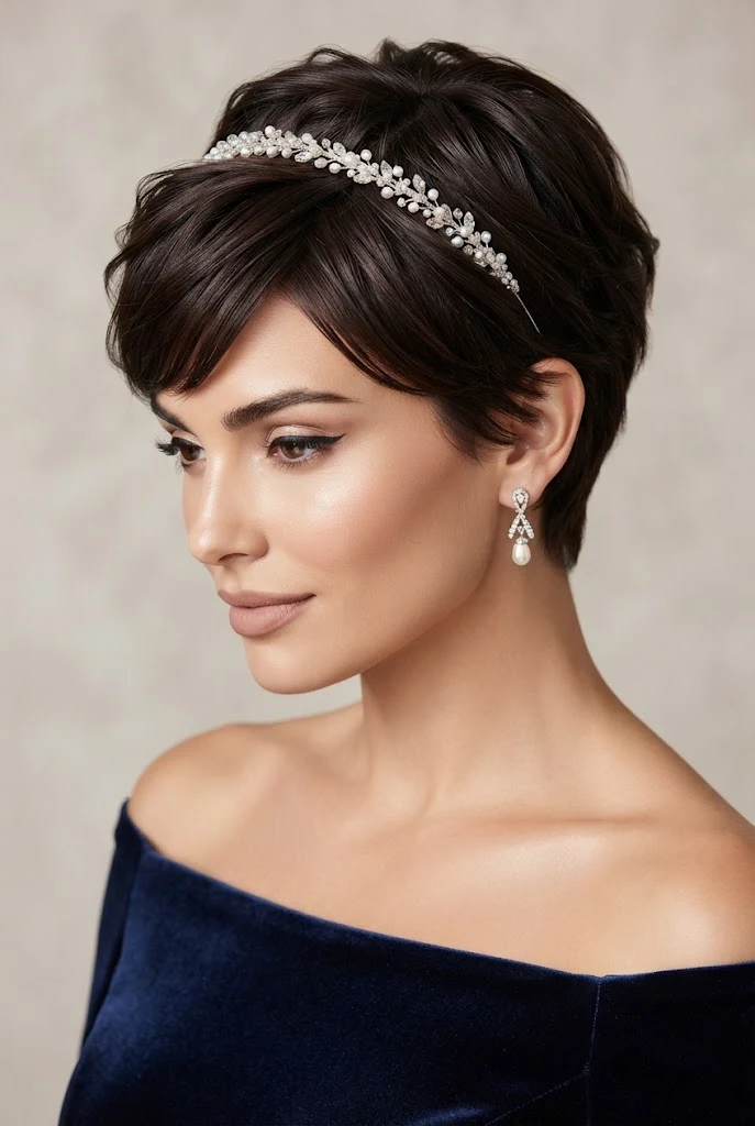 Textured Pixie with Headband Accent — short hairstyles for wedding parties style outfit