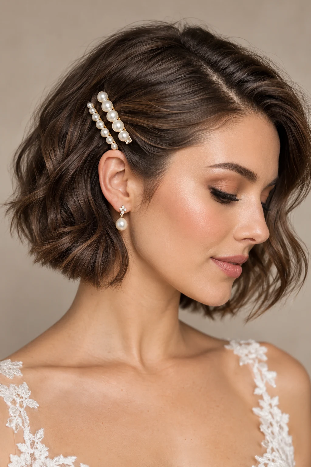 Pearl-Clip Wedding Bob — short hairstyles for weddings style outfit