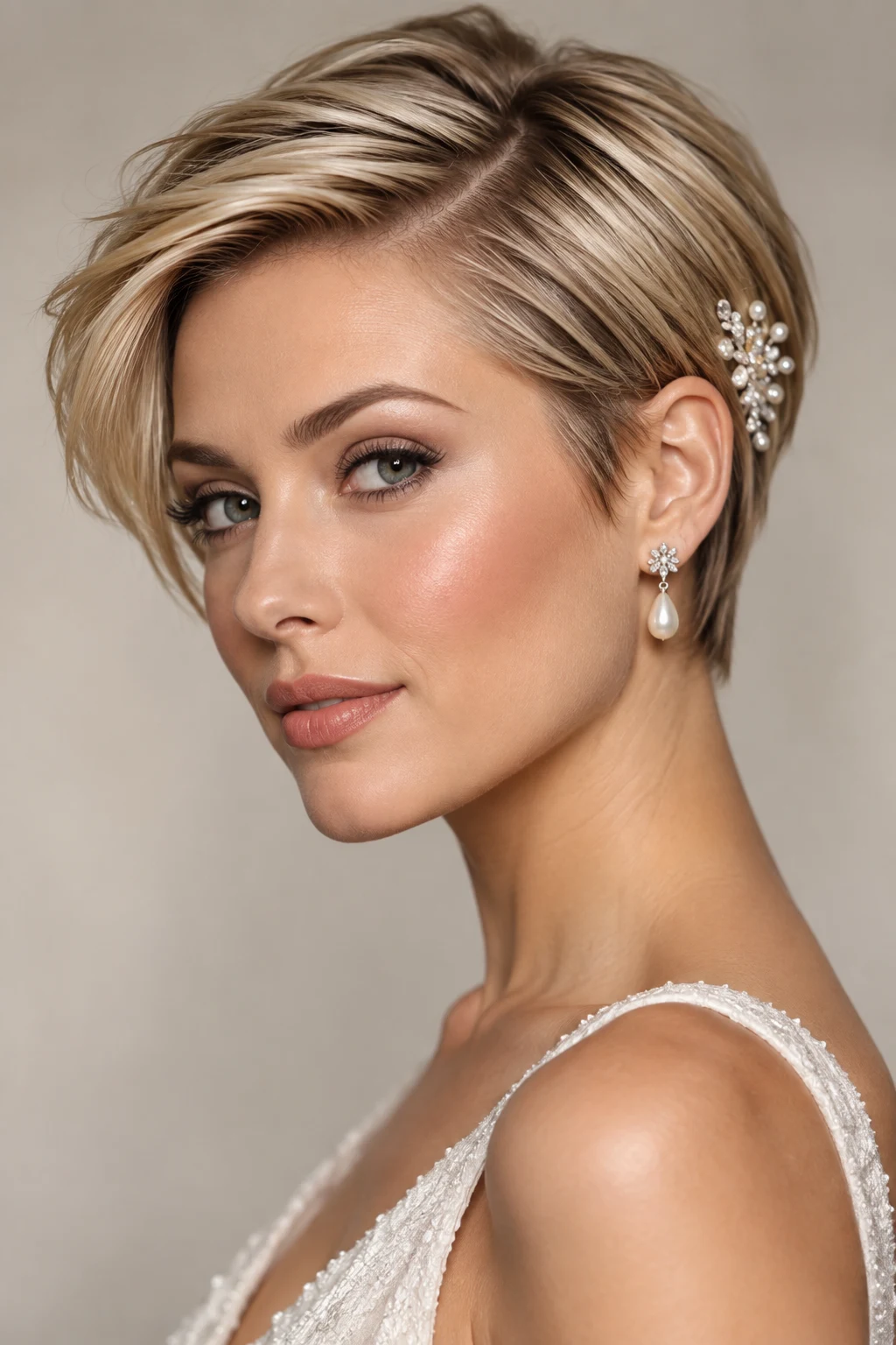 Sleek Side-Parted Pixie — short hairstyles for weddings style outfit