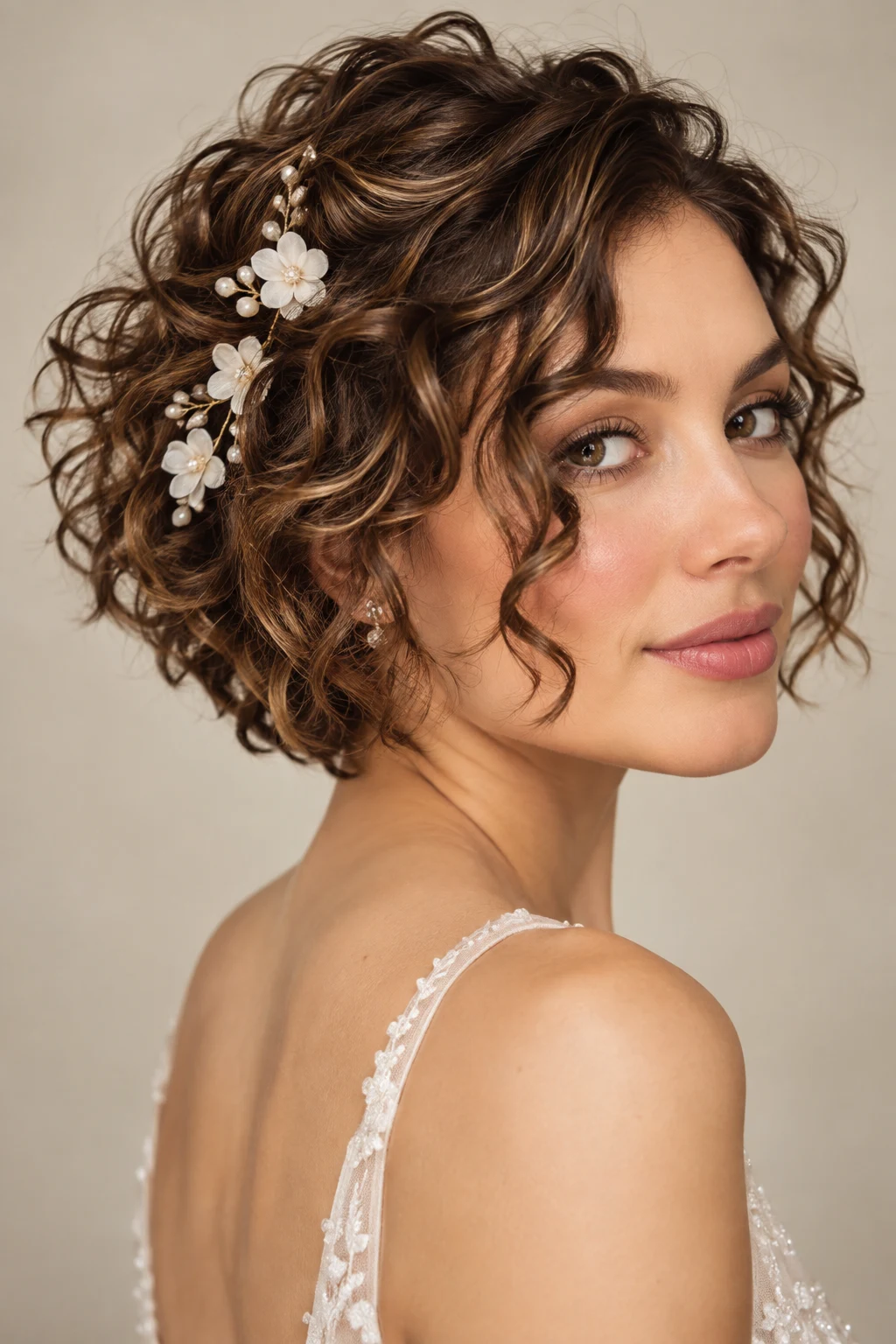 Curly Bob With Floral Pins — short hairstyles for weddings style outfit