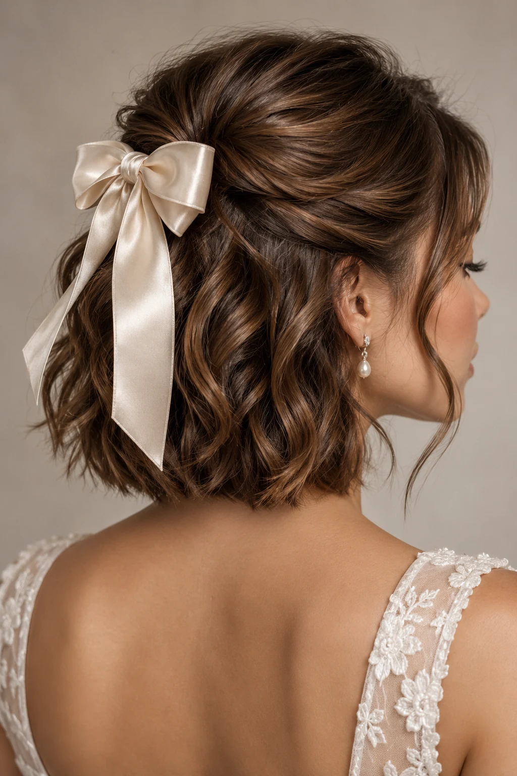Half-Up Satin Bow — short hairstyles for weddings style outfit