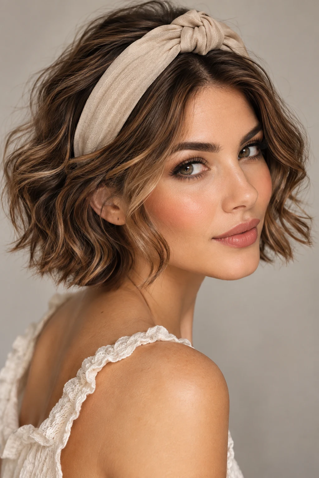 Chin-Length Waves With a Wide Knotted Headband — short hairstyles with a headband style outfit