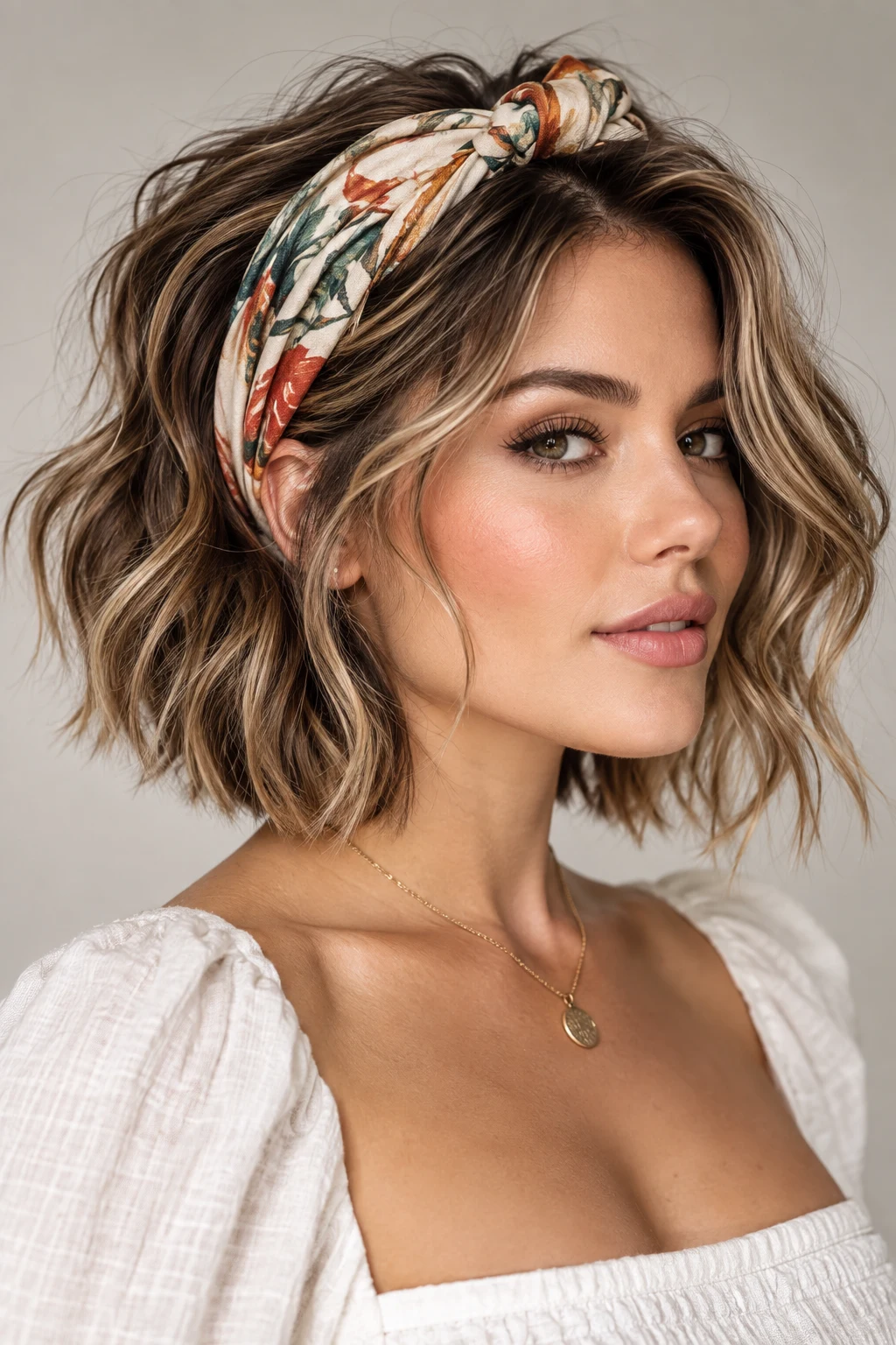 Textured Lob With a Scarf Headband — short hairstyles with a headband style outfit