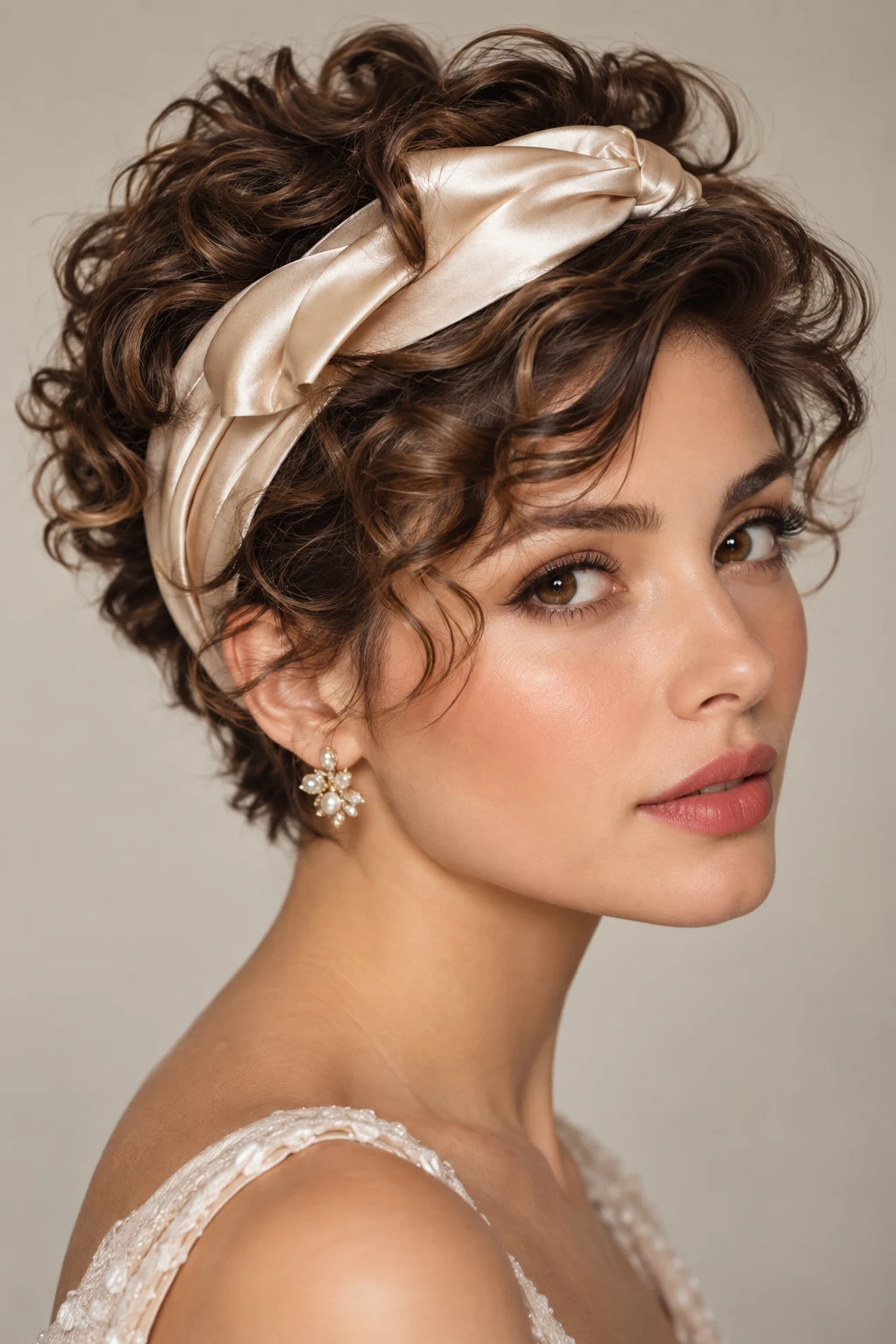 Soft Curly Pixie With a Satin Headband — short hairstyles with a headband style outfit