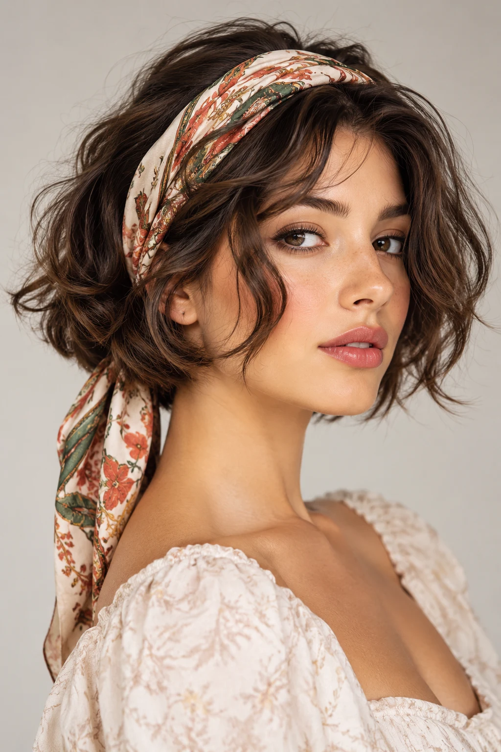 Tousled French Bob With a Printed Scarf — short hairstyles with a headband style outfit