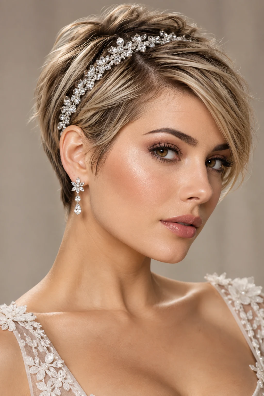 Sleek Side-Parted Pixie With a Crystal Band — short hairstyles with a headband style outfit