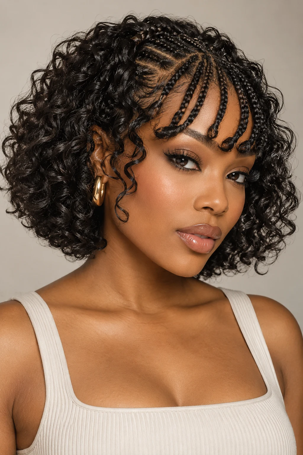 Braided Bangs on a Curly Bob — short hairstyles with braids style outfit