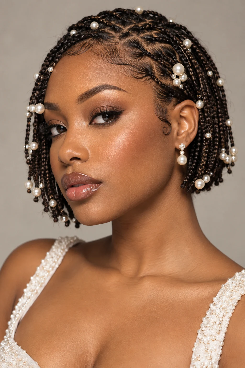 Pearl-Pinned Micro Braids — short hairstyles with braids style outfit