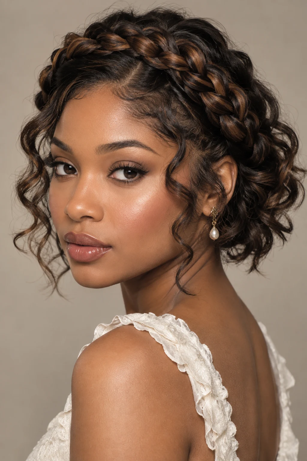 Braided Crown With Loose Curls — short hairstyles with braids style outfit