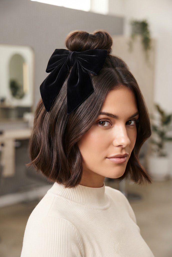 The Velvet Bow Half-Up Bob — short hairstyles with ribbons style outfit