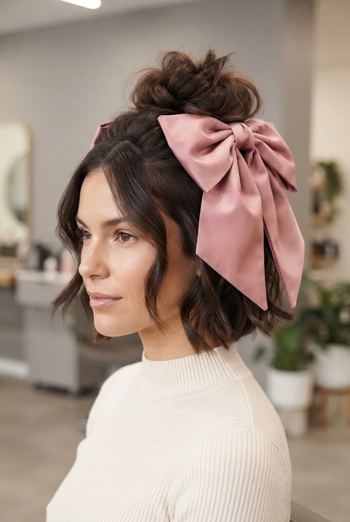 Messy Top Knot with Oversized Bow — short hairstyles with ribbons style outfit