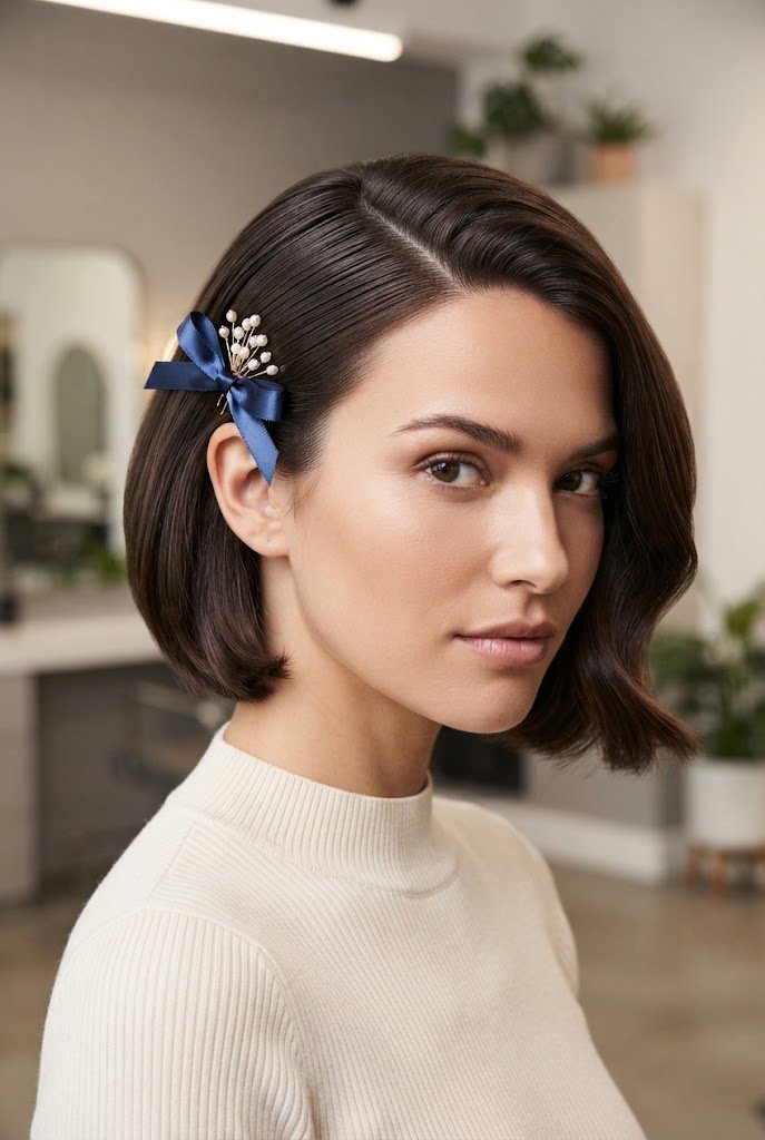 Asymmetrical Bob with Ear-Tucked Ribbon Pin — short hairstyles with ribbons style outfit