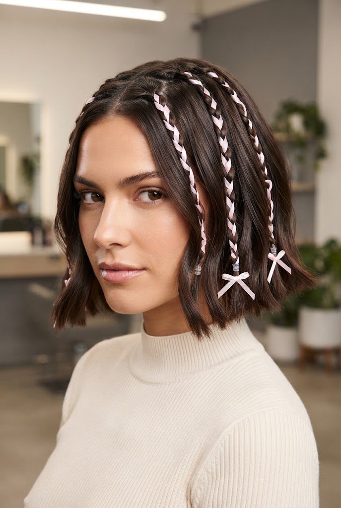 Satin Ribbon-Laced Baby Braids — short hairstyles with ribbons style outfit
