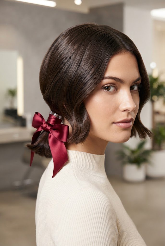 Silk Bow-Wrapped Low Ponytail — short hairstyles with ribbons style outfit