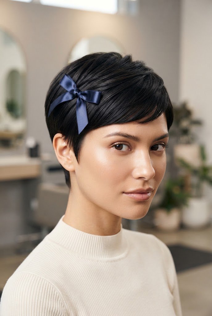 Polished Pixie with Side Ribbon Pin — short hairstyles with ribbons style outfit