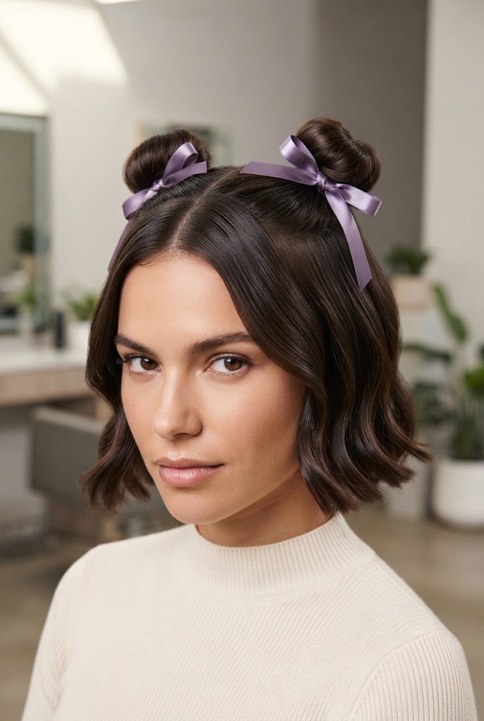 Double Bow-Tied Space Buns — short hairstyles with ribbons style outfit