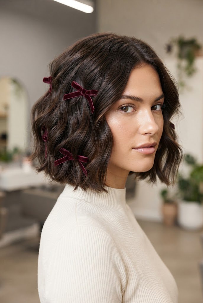 Textured Lob with Peek-a-Boo Bows — short hairstyles with ribbons style outfit