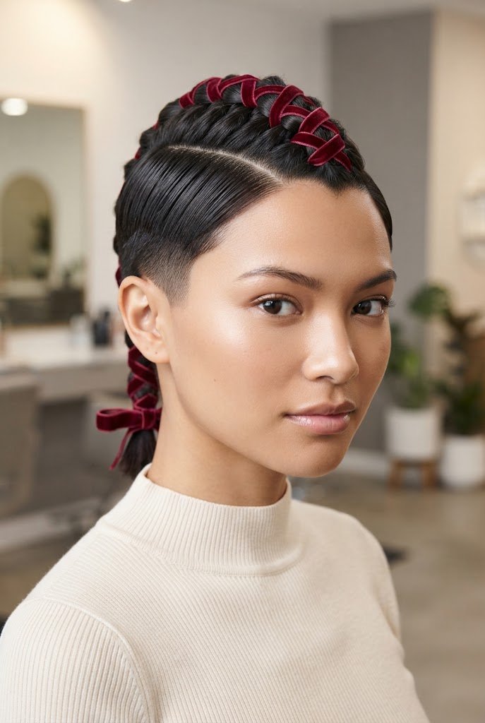 Sleek Mohawk Braid with Ribbon Wraps — short hairstyles with ribbons style outfit