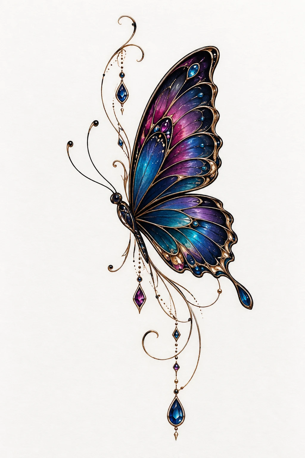 Side Butterfly Tattoo With Jewel-Tone Wings — side butterfly tattoo style outfit