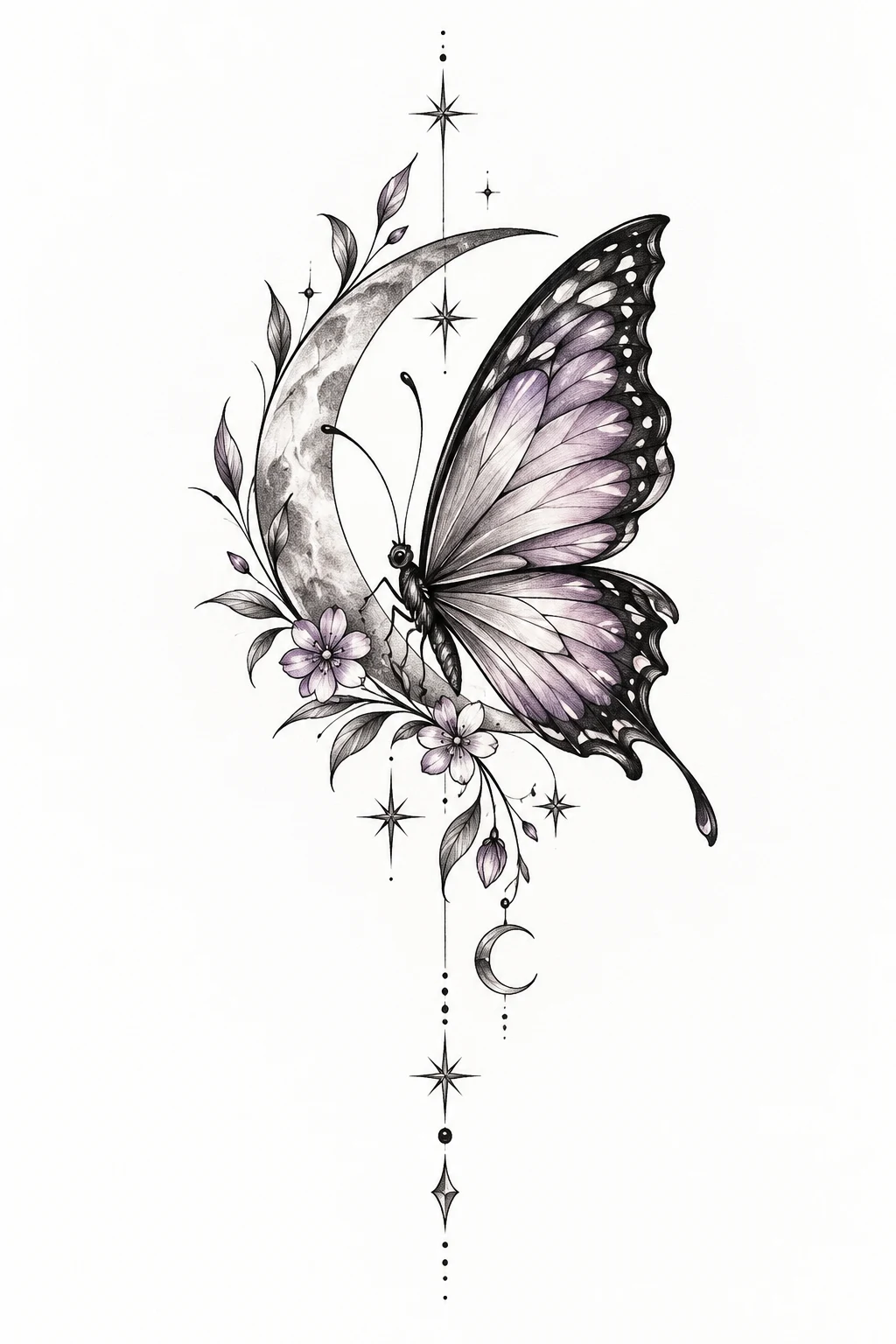 Side Butterfly Tattoo With Crescent Moon — side butterfly tattoo style outfit