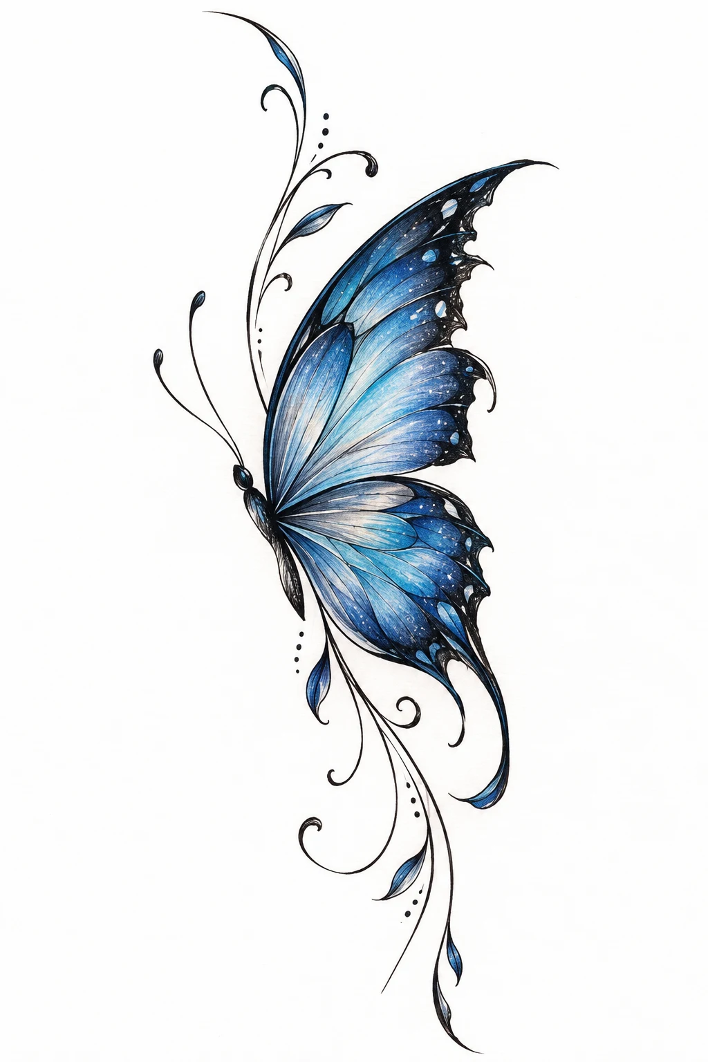 Side Butterfly Tattoo With Blue Wings — side butterfly tattoo style outfit