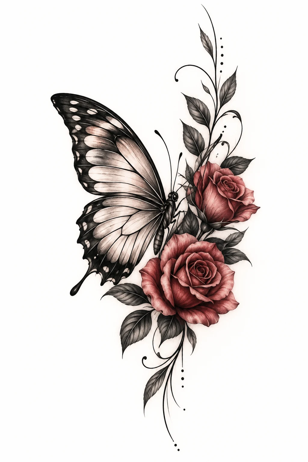 Side Butterfly Tattoo With Roses — side butterfly tattoo style outfit
