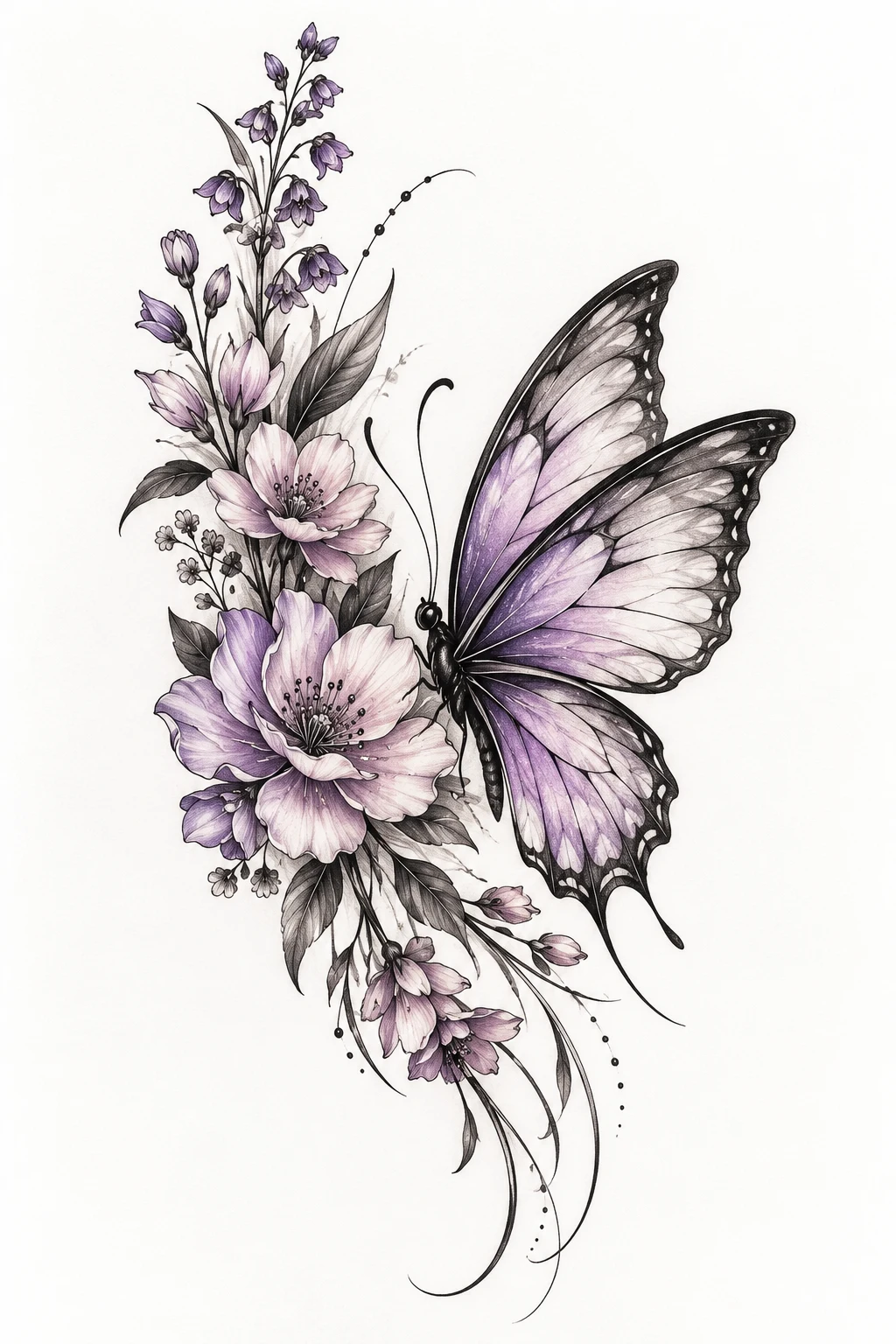 Side Butterfly Tattoo With Birth Flowers — side butterfly tattoo style outfit
