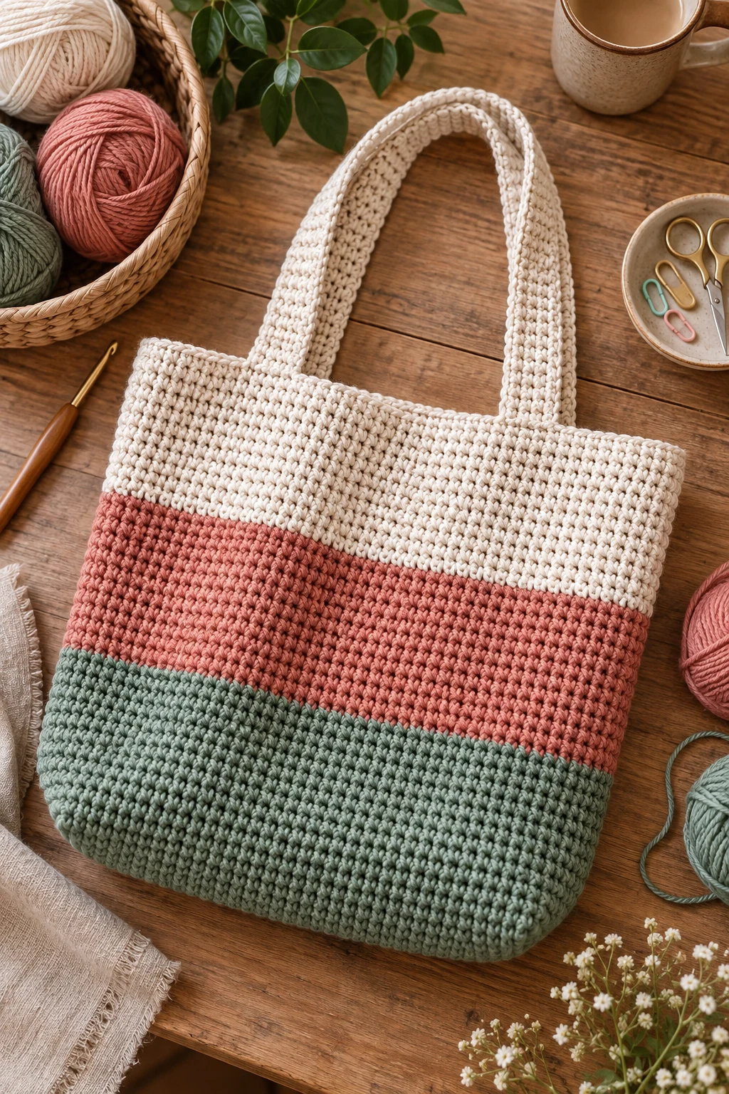 Color-Blocked Everyday Tote — simple crochet bag style outfit