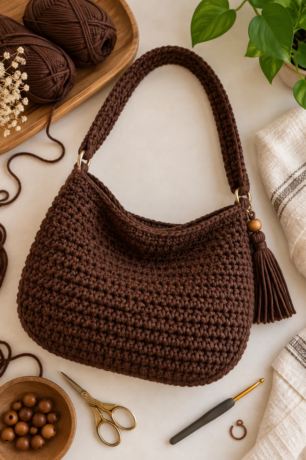 Chocolate Brown Shoulder Bag — simple crochet bag style outfit