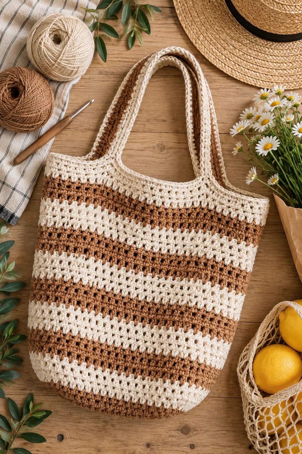 Striped Cotton Market Bag — simple crochet bag style outfit