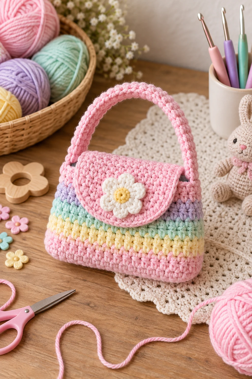 Tiny Pastel Bag for a Little Girl — simple crochet bag style outfit