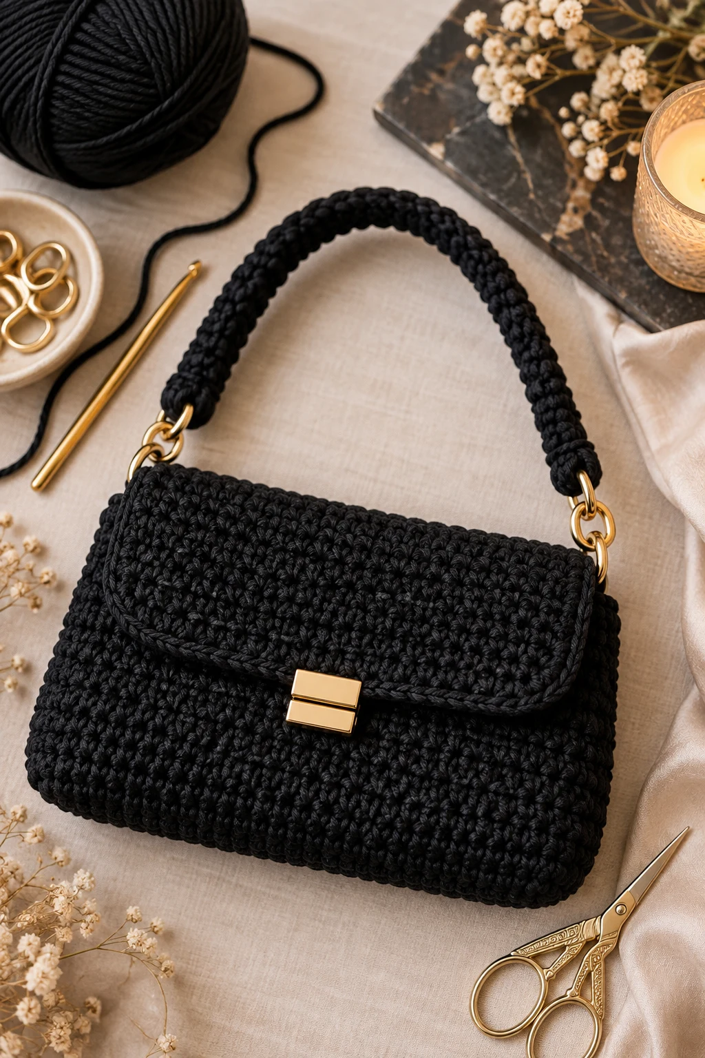 Black Minimalist Evening Bag — simple crochet bag style outfit