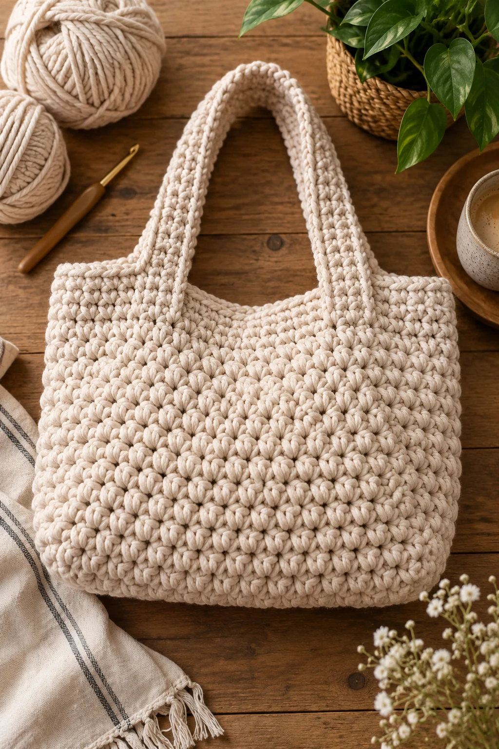 Chunky Weekend Tote — simple crochet bag style outfit