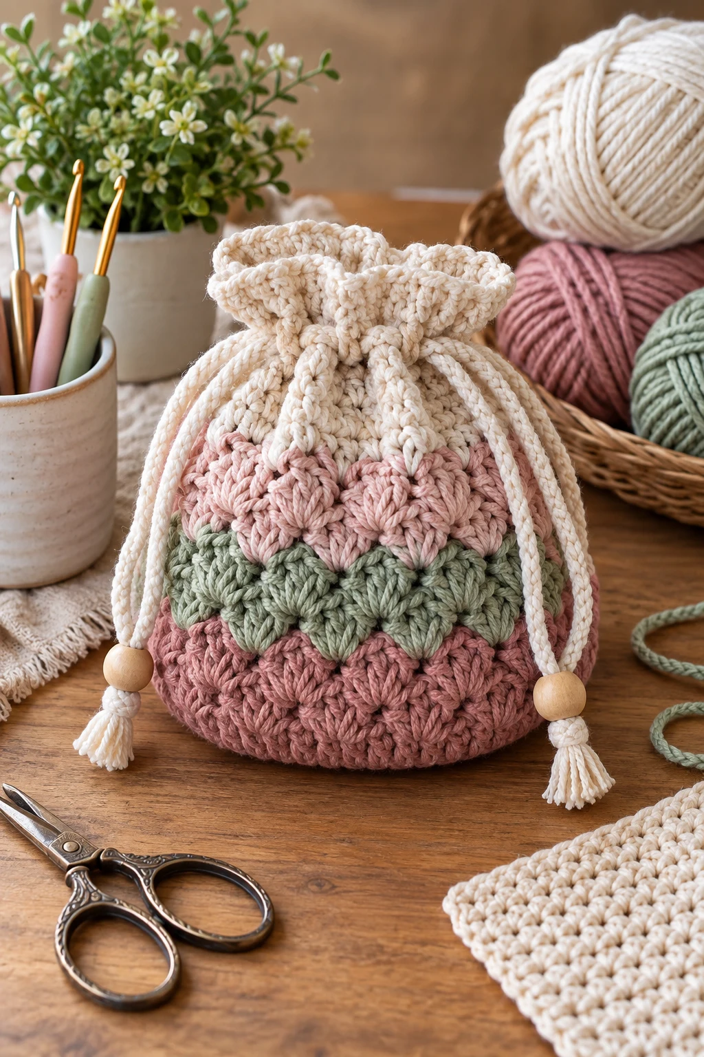 Drawstring Crochet Pouch Bag — simple crochet bag style outfit