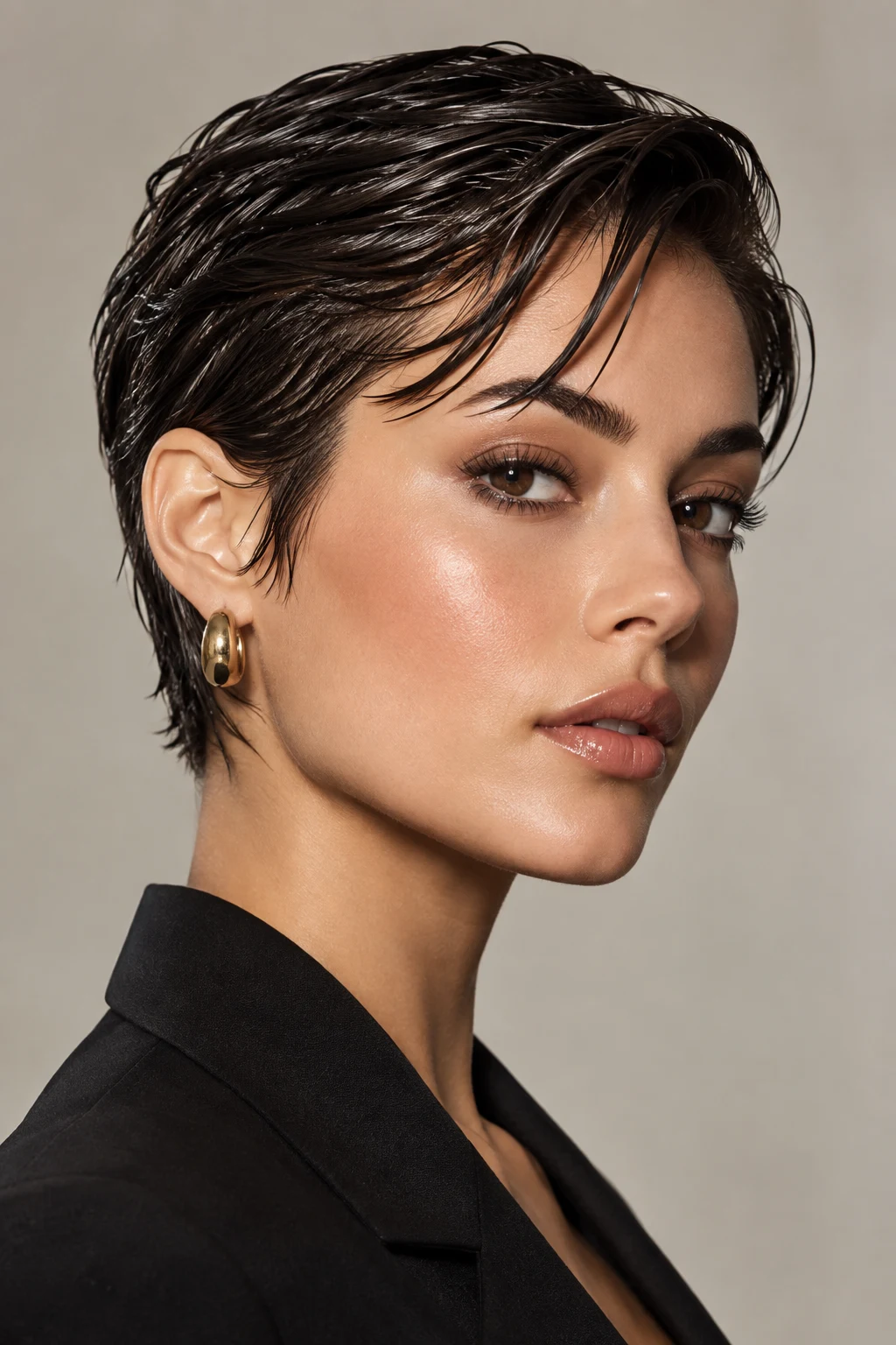 Sleek Wet-Look Pixie — simple hairstyles for short hair style outfit