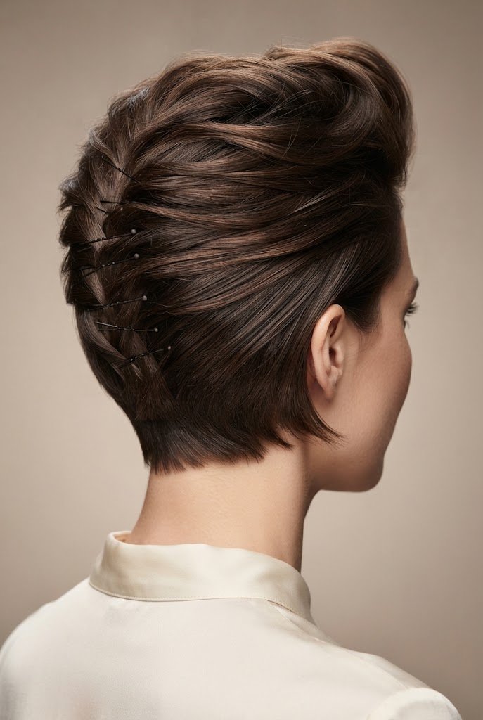 The Swept-Back Pinned Pompadour — Simple updos for short hair style outfit
