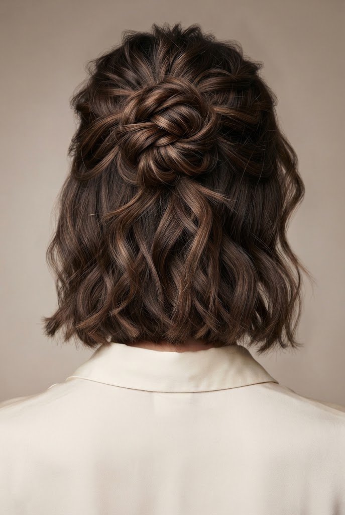 Messy Knotted Half-Up Crown — Simple updos for short hair style outfit