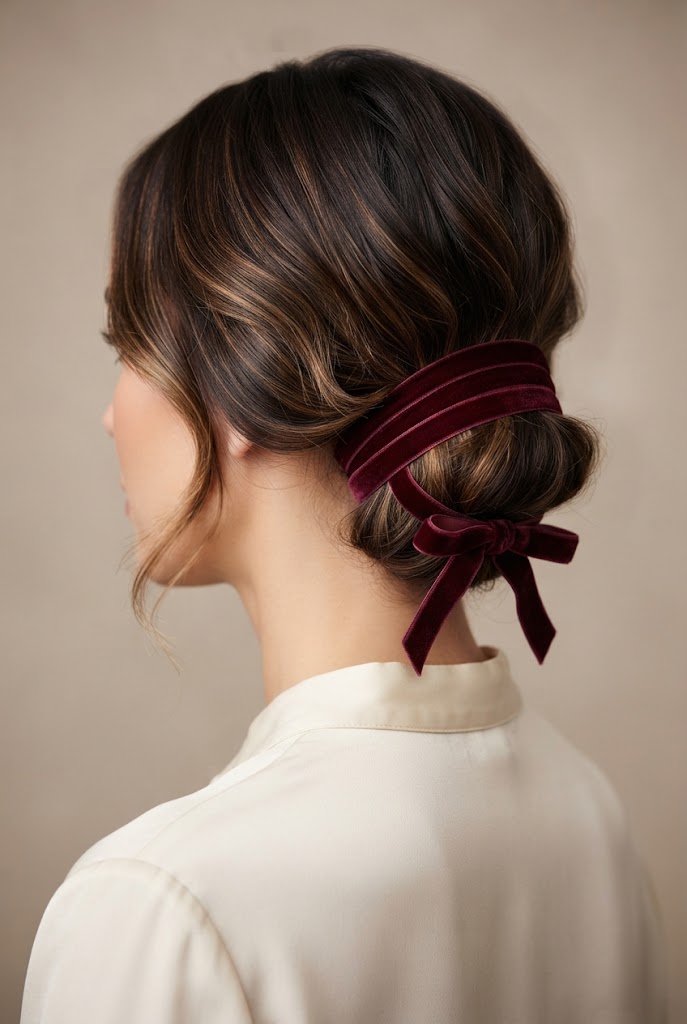 Velvet Ribbon Wrapped Updo — Simple updos for short hair style outfit