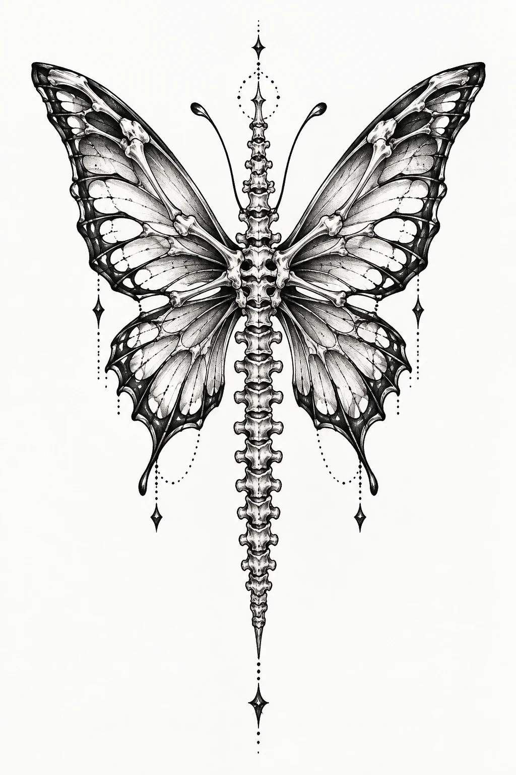 Spine-to-Wing Vertical Design — skeleton butterfly tattoo style outfit