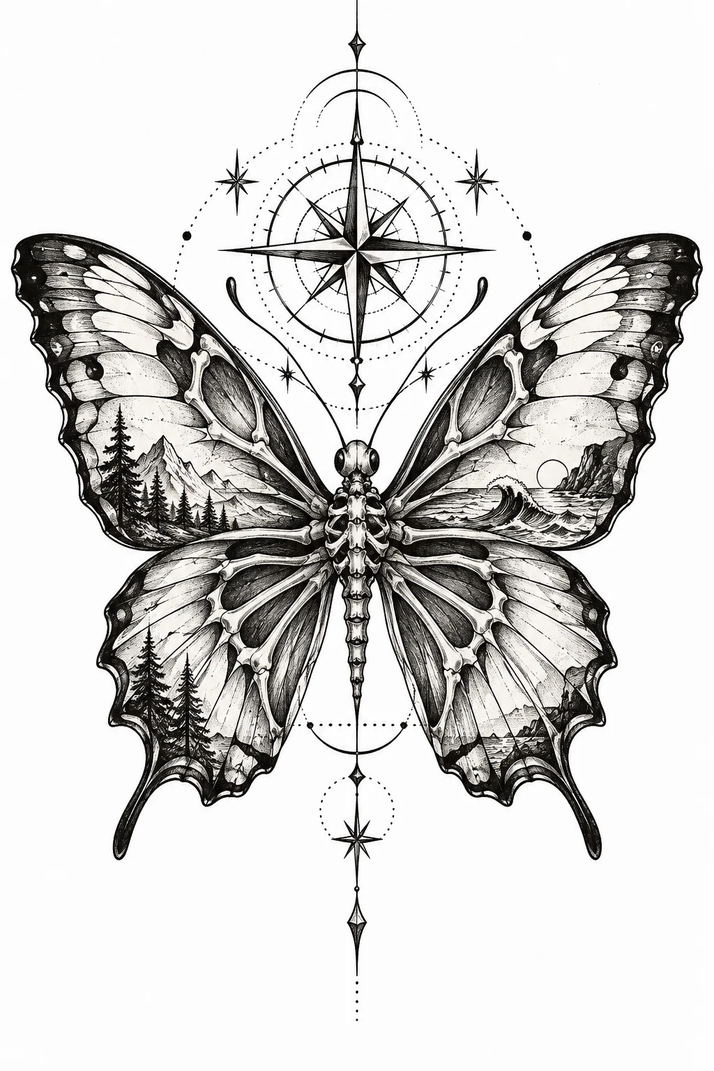 Adventure-Inspired Butterfly With Compass Details — skeleton butterfly tattoo style outfit
